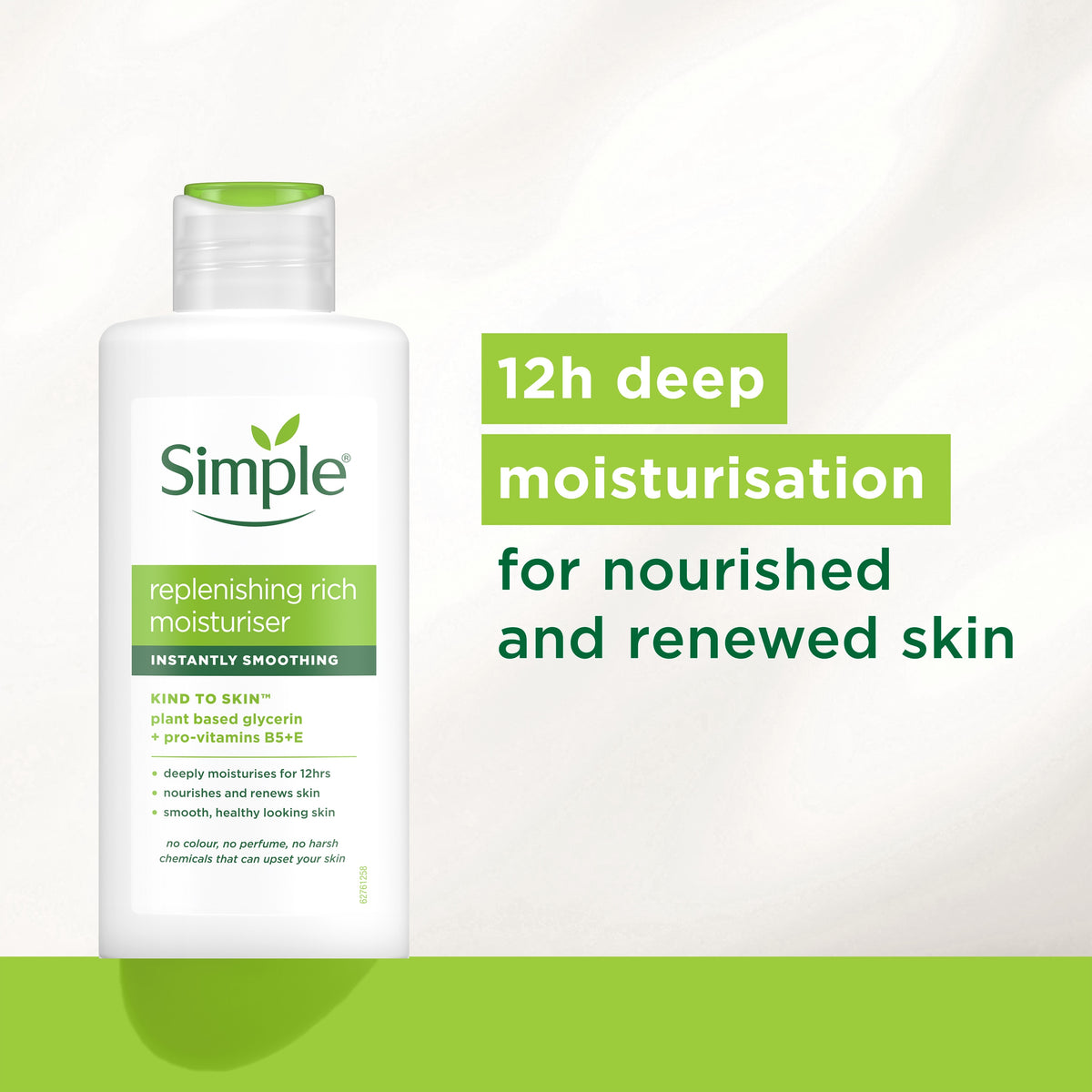 Simple Kind to Skin Replenishing Rich Moisturiser 125 ml bottle with 12 hour moisturisation graphic