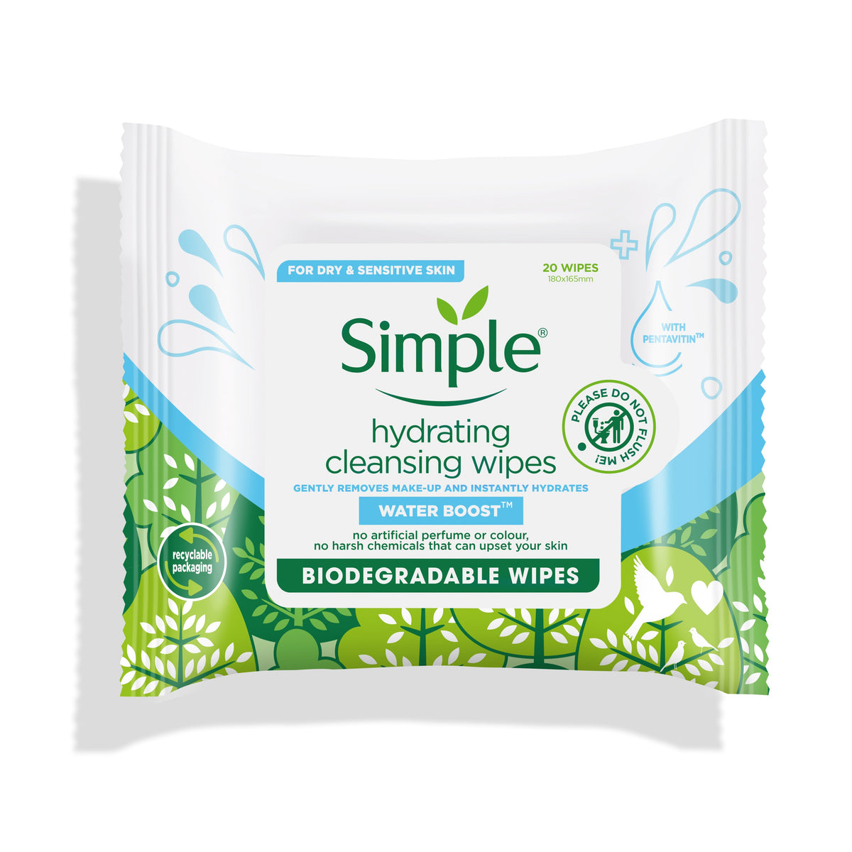 Simple Water Boost Biodegradable Hydrating Facial Wipes 25 wipes pack