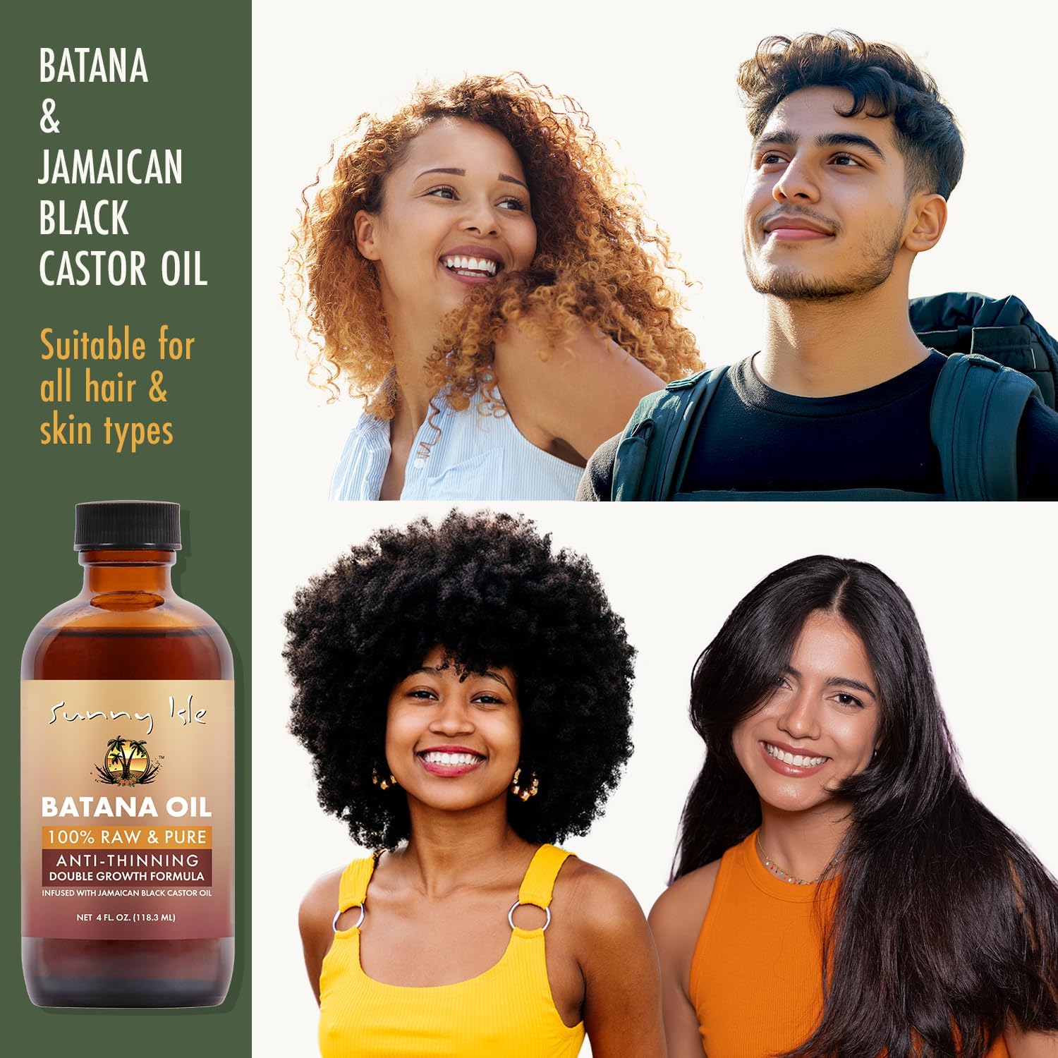 Sunny Isle 100% Raw & Pure Anti-Thinning Batana Oil 118.3 ml/4.0 oz, hair and skin suitability graphic