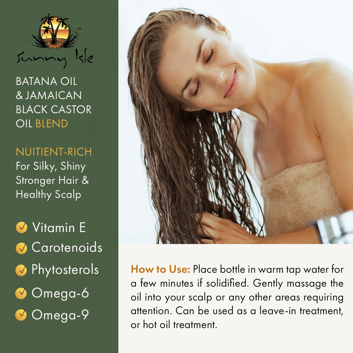 Sunny Isle 100% Raw & Pure Anti-Thinning Batana Oil 118.3 ml/4.0 oz, wet-hair use directions graphic