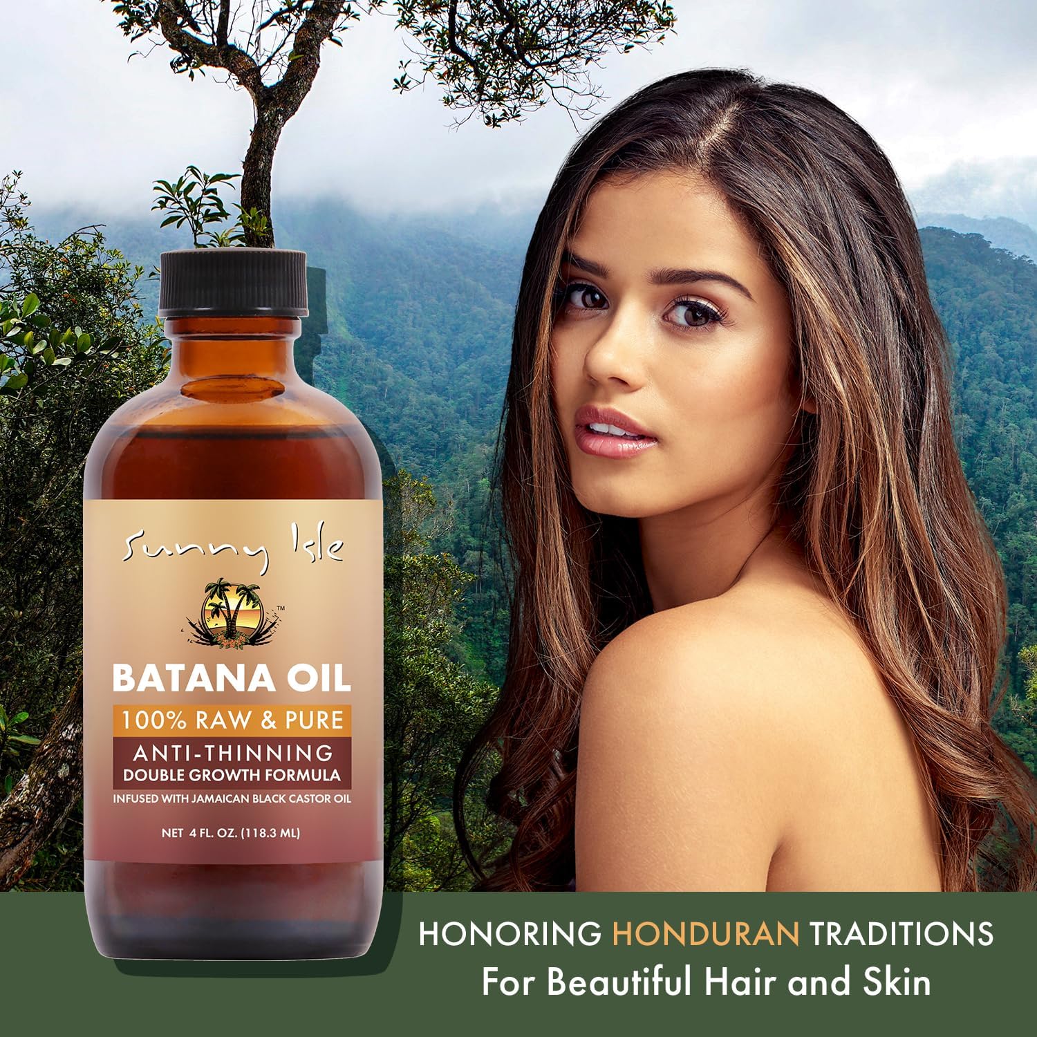 Sunny Isle 100% Raw & Pure Anti-Thinning Batana Oil 118.3 ml/4.0 oz, hair lifestyle and product graphic