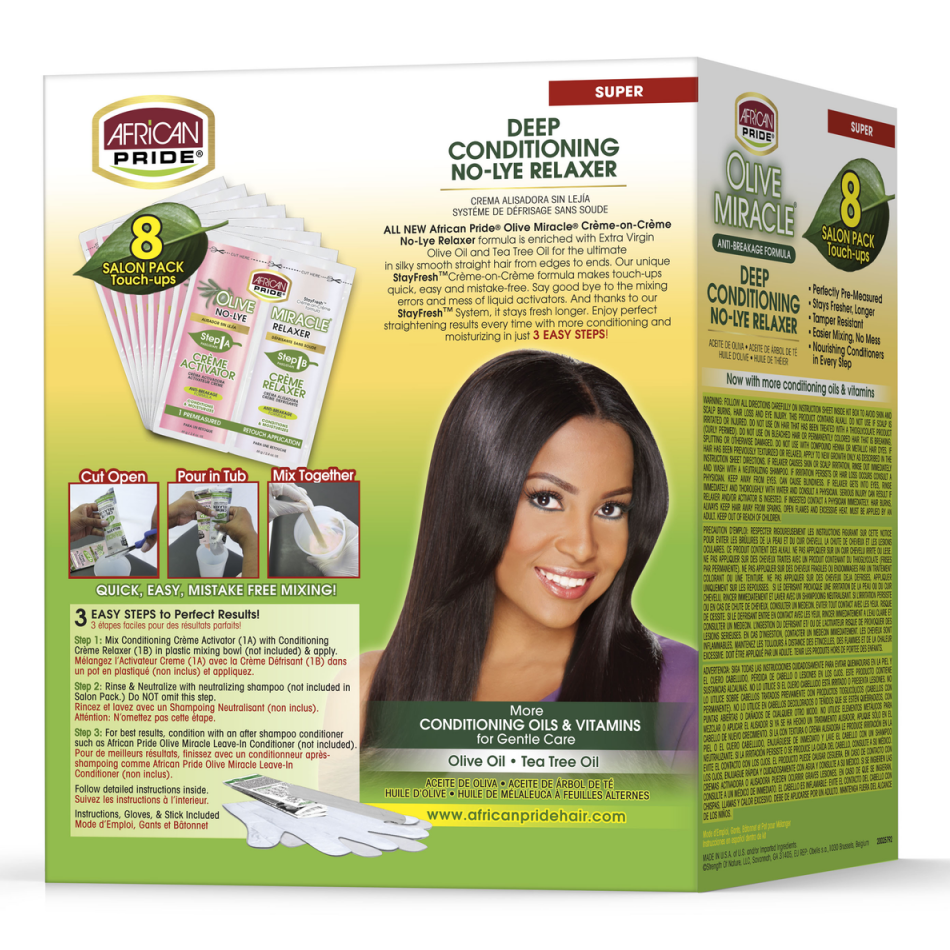 African Pride Olive Miracle No-Lye Relaxer (Super, 8 Touch-Ups) - improves manageability and