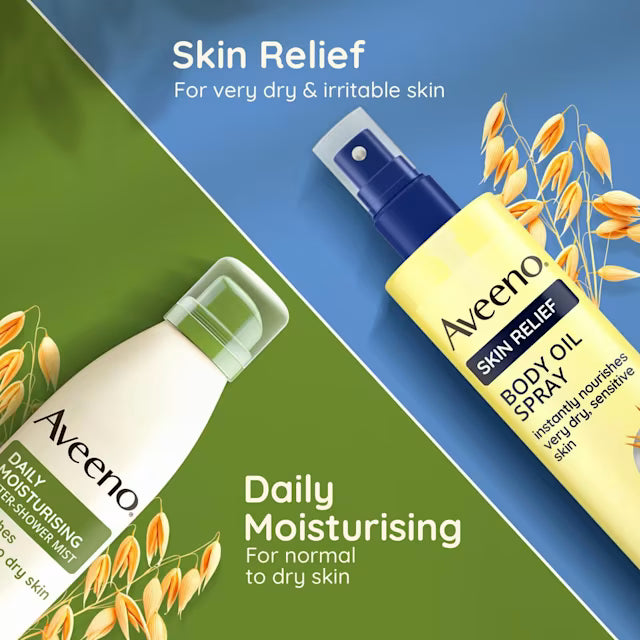 Aveeno skin care products on a green and blue background with oatmeal imagery.