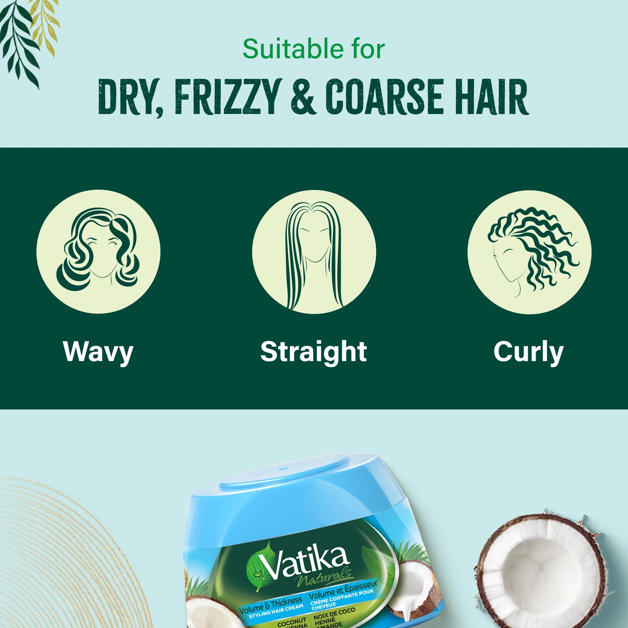 Vatika Naturals Hair Cream Volume & Thickness for Thin Hair 210ml/7.1 oz (Coconut) - Achieve naturally voluminous and thicker