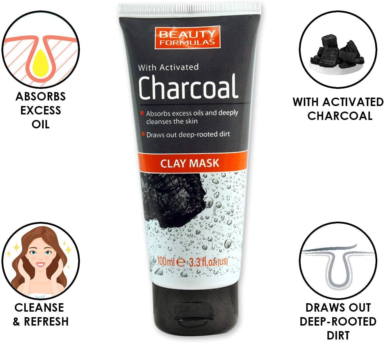 Beauty Formulas Clay Mask tube centered on a white background, surrounded by four circular feature icons for excess oil absorption, activated charcoal, cleansing, and deep-root dirt drawing.