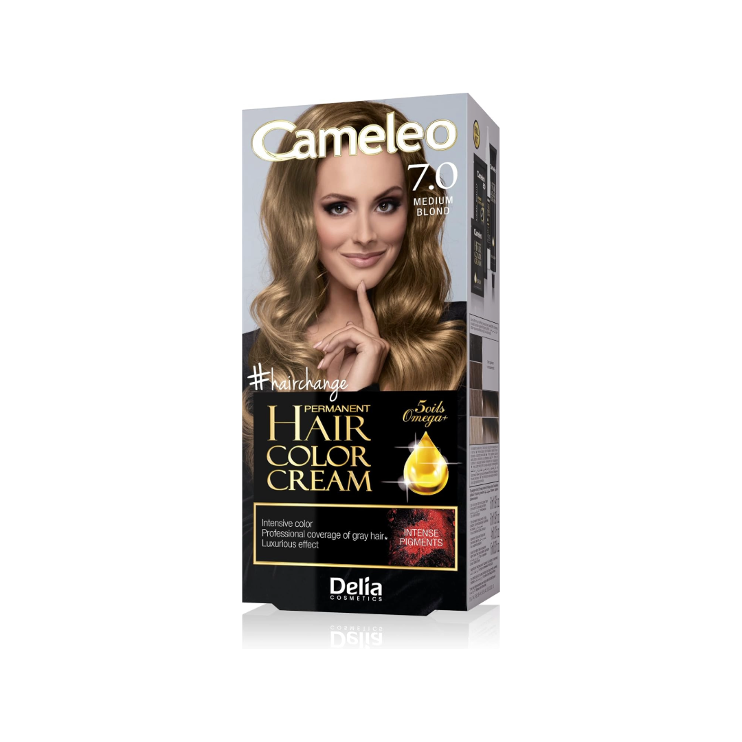 A box of Delta Hair Care Camaleo Permanent Hair Color Cream in shade 7.0 Medor Blunt, featuring a model with highlighted blonde hair on the front.