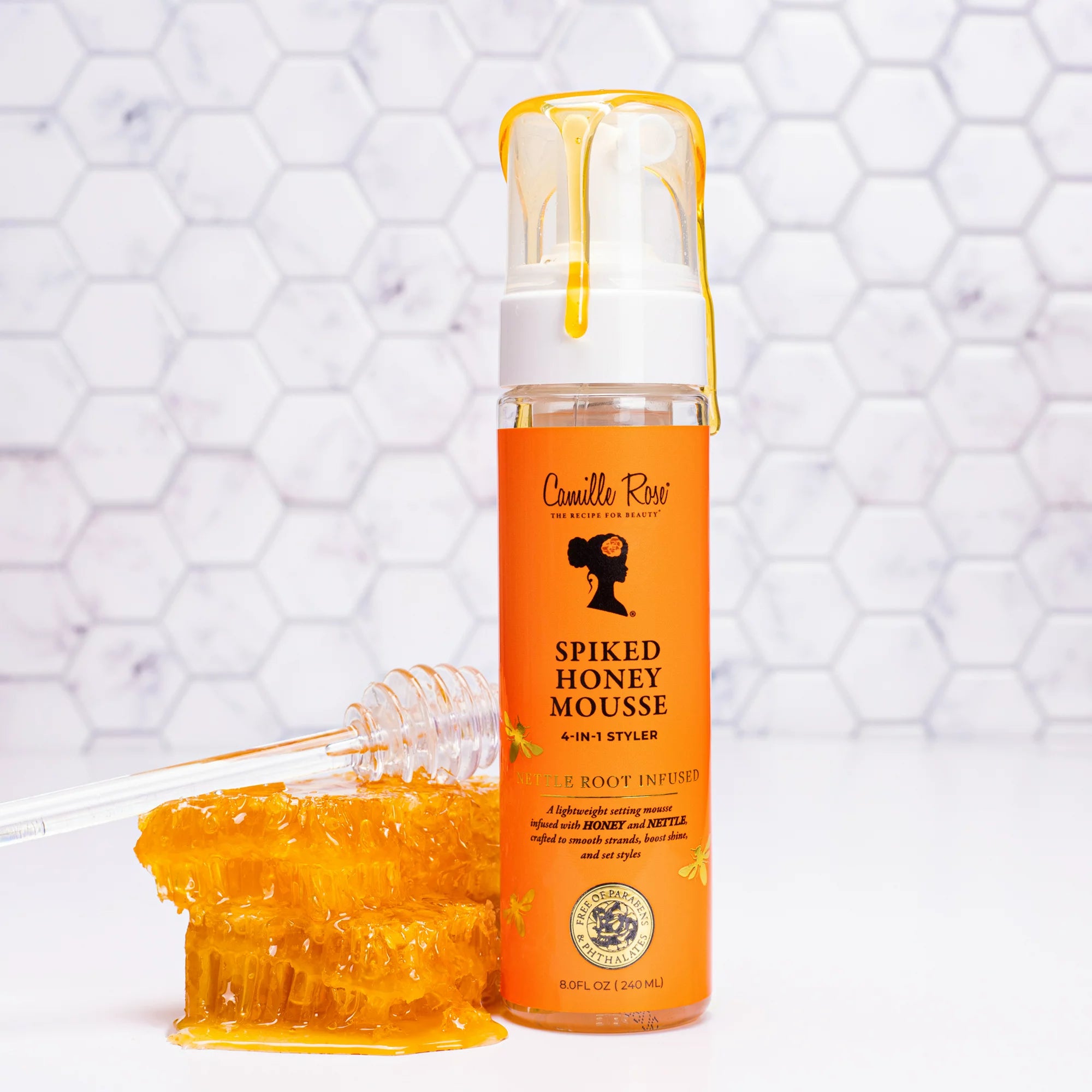 Camille Rose Spiked Honey Mousse 4 in 1 Styler Define, Hydrate & Style for Curly & Textured Hair 8 oz - Unlock beautifully de