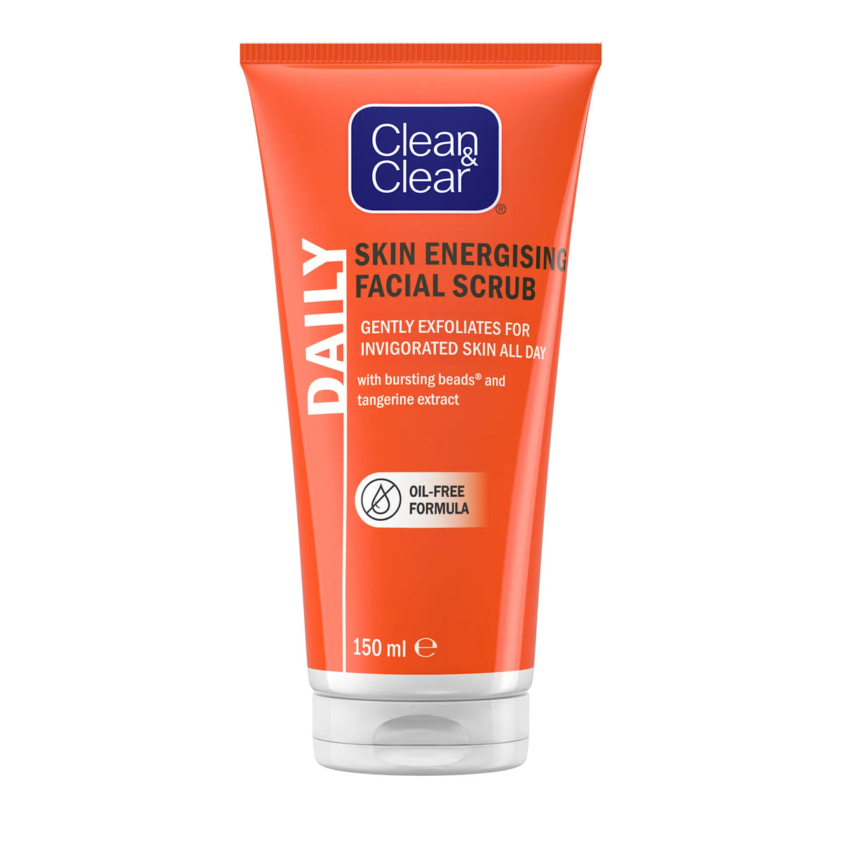 Clean & Clear Skin Energising Facial Scrub in a 150 ml squeeze tube, featuring a bright orange body with a white cap and blue brand logo.