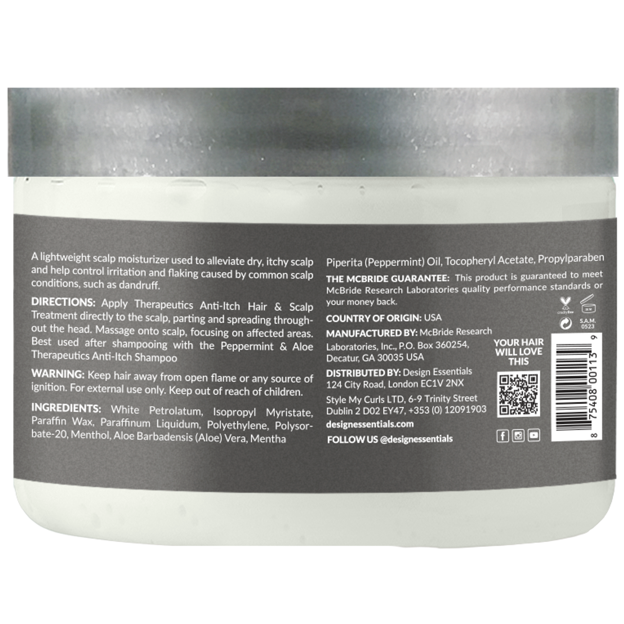 Design Essentials Peppermint & Aloe Therapeutics Anti-Itch Hair & Scalp Treatment 5oz back label