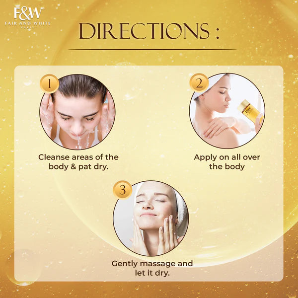 Instructions for using a skincare product with applying to face and body.