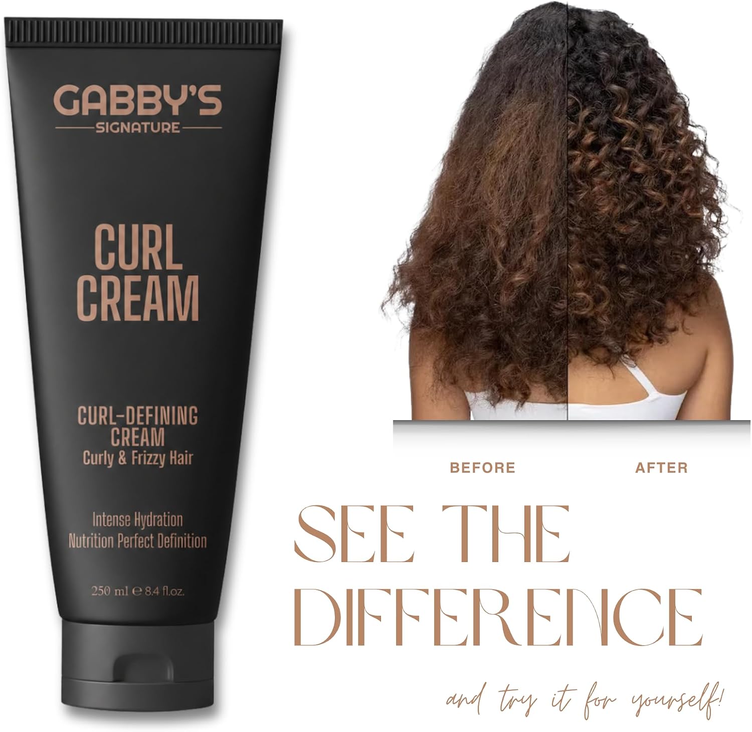 A black squeeze tube of Gabby's Signature Curl Cream is shown next to a before-and-after hair transformation photo of a woman with frizzy, uncurled hair on the left and curly, defined hair on the right. Large text reads 'SEE THE DIFFERENCE'.