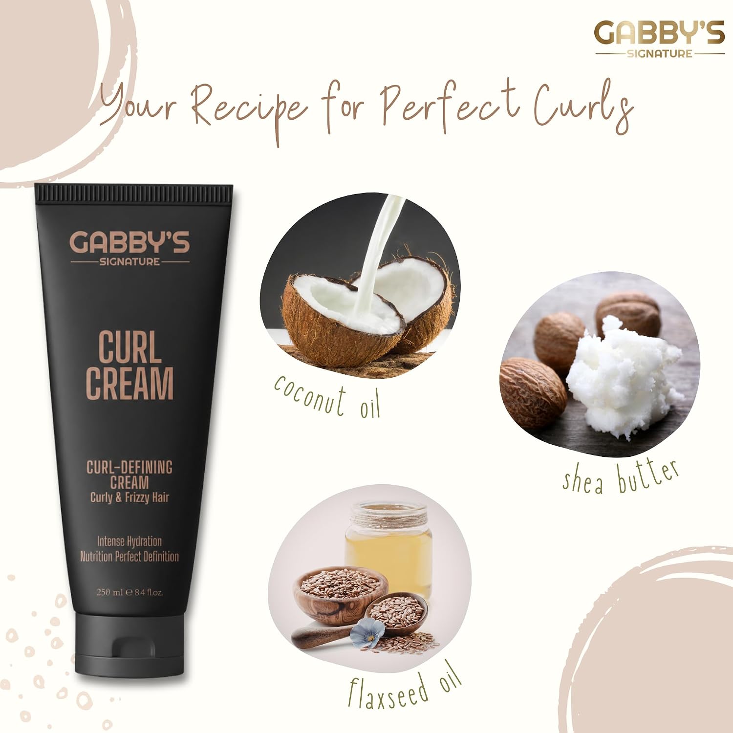 GABBY'S Signature Curl Cream with ingredients like coconut oil, shea butter, and flaxseed oil on a light background.
