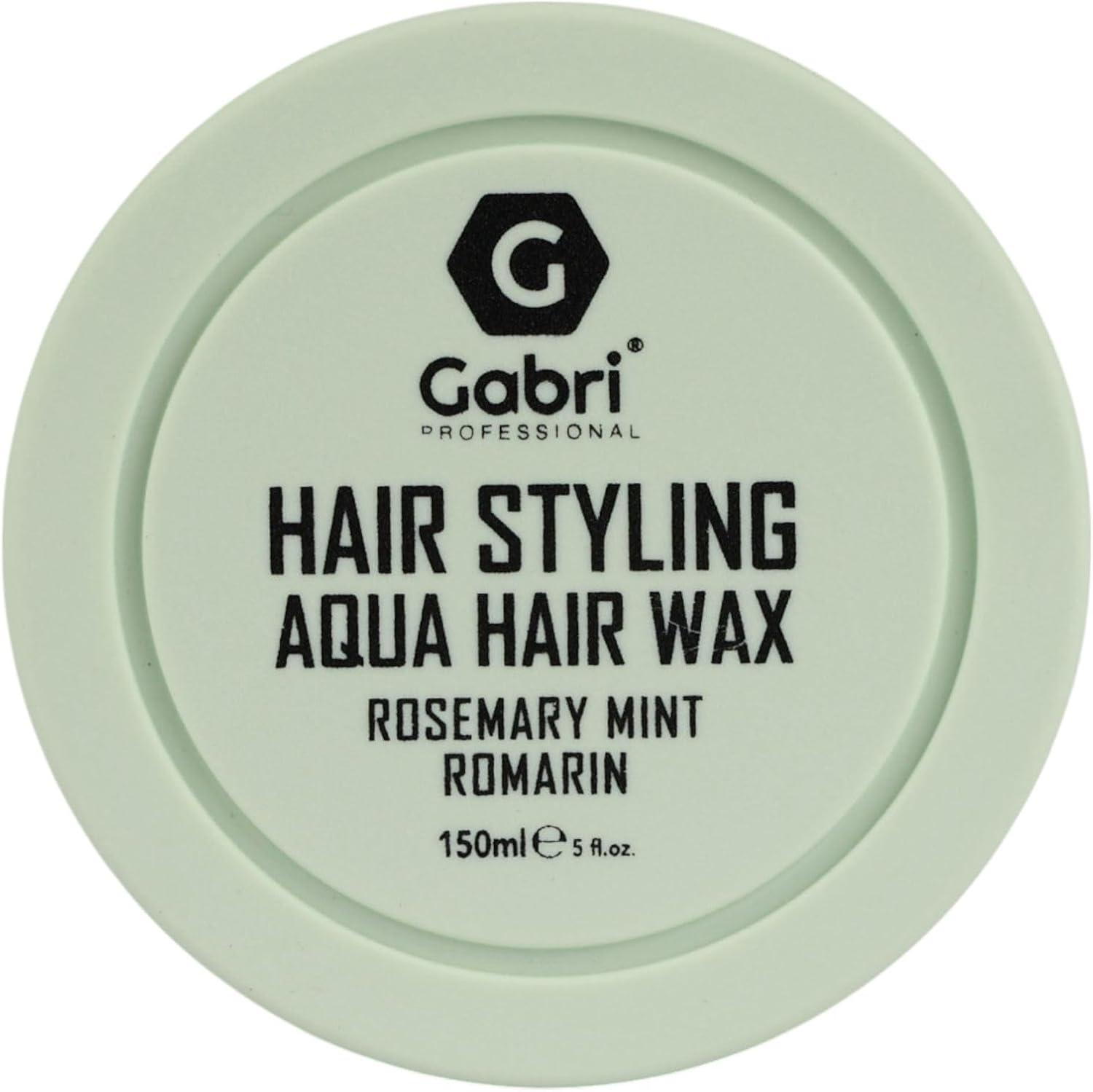 A round, pale mint green container lid for Gabri Professional Hair Styling Aqua Hair Wax, Rosemary Mint, with black text and logo on a white background.