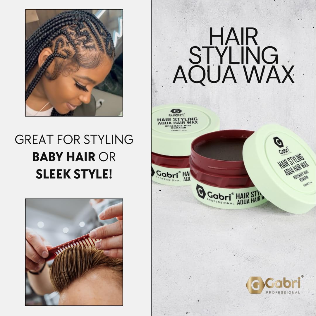 Gabri Hair Styling Aqua Wax hair wax jar set shown on a light gray textured background, with two inset photos demonstrating styled baby hair and hands combing hair. Text reads 'HAIR STYLING AQUA WAX' and 'GREAT FOR STYLING BABY HAIR OR SLEEK STYLE!' Brand Gabri is visible on the product and logo.