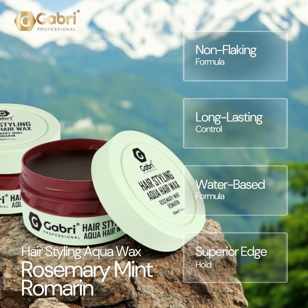 Gabri Professional Hair Styling Aqua Wax in Rosemary Mint Romarin, shown as an open jar and its lid on a rock with a blurred mountain background, accompanied by feature callout text overlays.