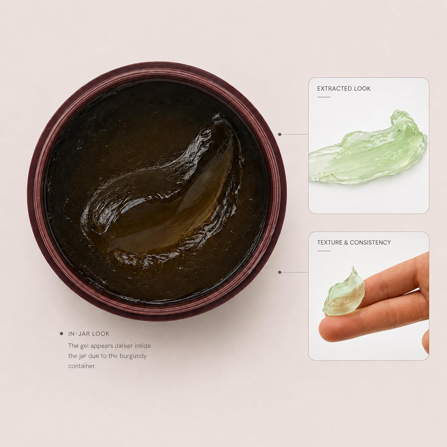 Jar of dark gel with extracted look and texture consistency shown on a light background