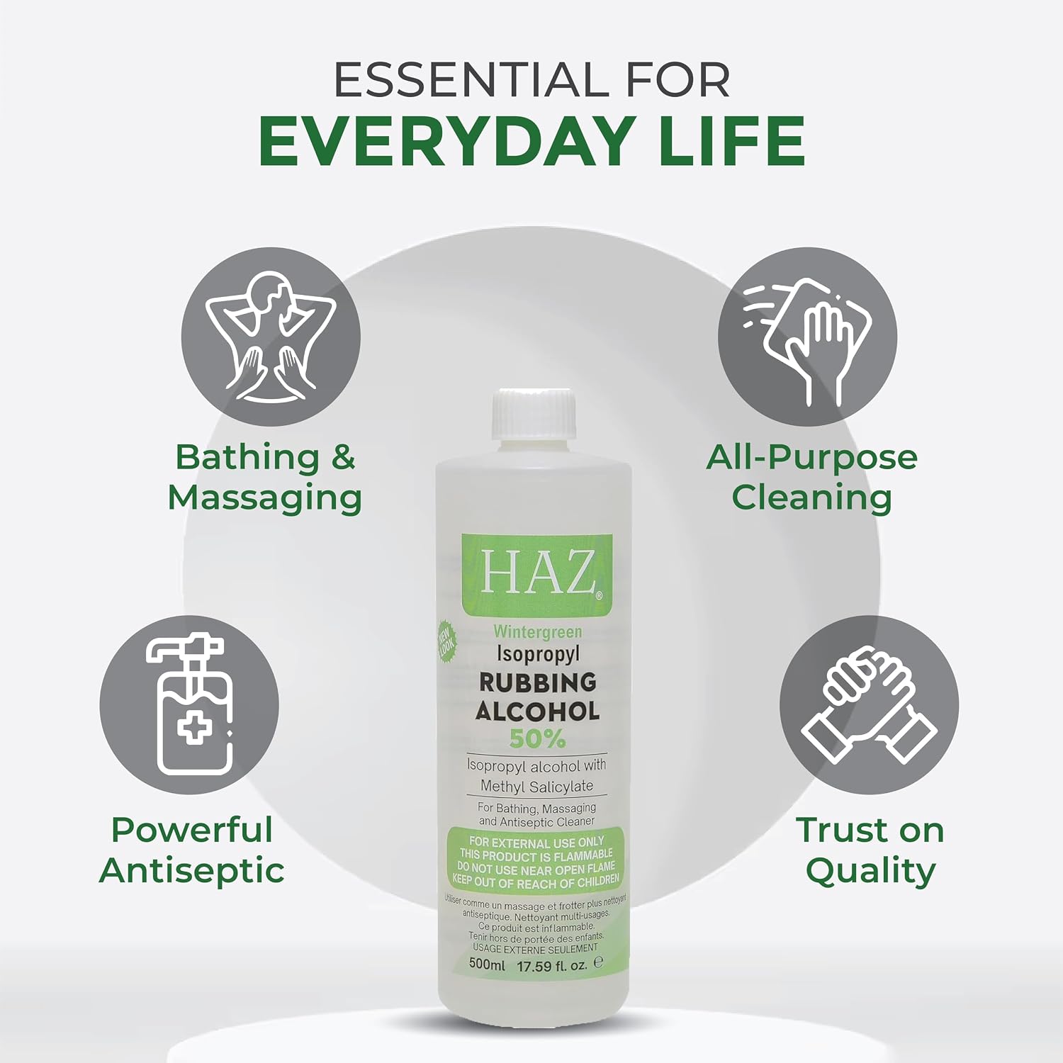 HAZ Isopropyl Rubbing Alcohol 50% bottle centered on a light gray background with marketing text and icons for bathing & massaging, all-purpose cleaning, powerful antiseptic, and trust on quality.