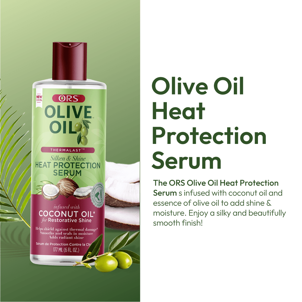 ORS Olive Oil Heat Protection Serum bottle with text on a green background