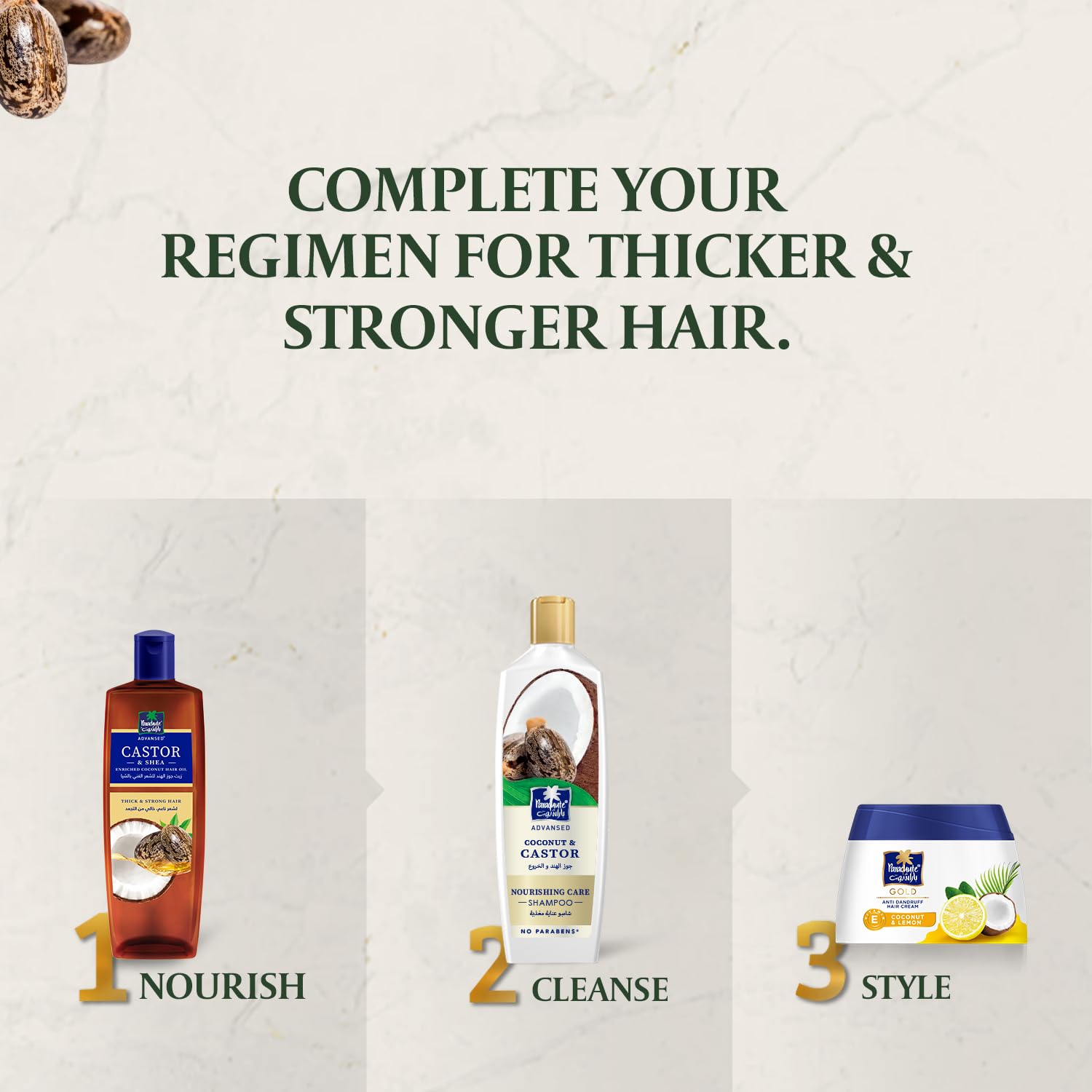 Parachute Coconut & Castor Nourishing Care Shampoo 340ml Routine with oil and mask