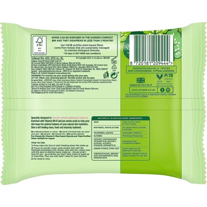 Simple Biodegradable Cleansing Face Wipes Gentle Make-Up Removal 25 wipes
