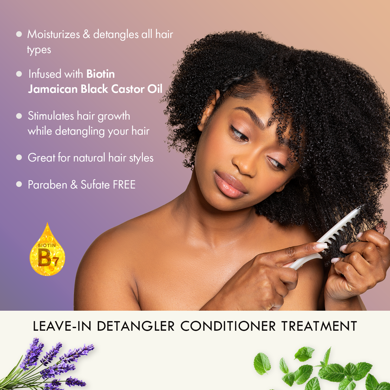 Sunny Isle Lavender Mint Leave-In Detangler Conditioning Treatment 236.58 ml/8.0 oz, hair benefits lifestyle graphic