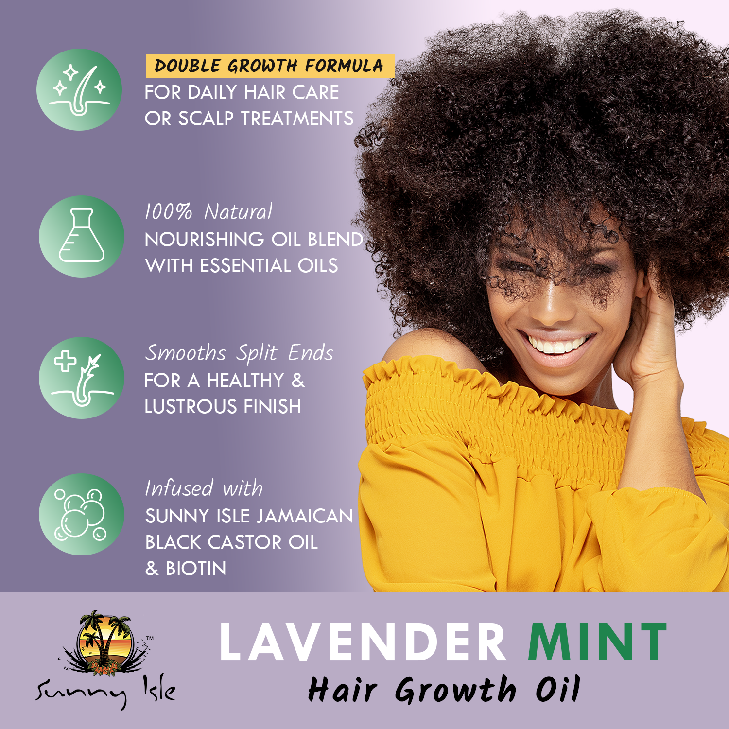 Sunny Isle Lavender Mint Hair & Strong Roots Oil 118.3 ml/4.0 oz, product benefits graphic
