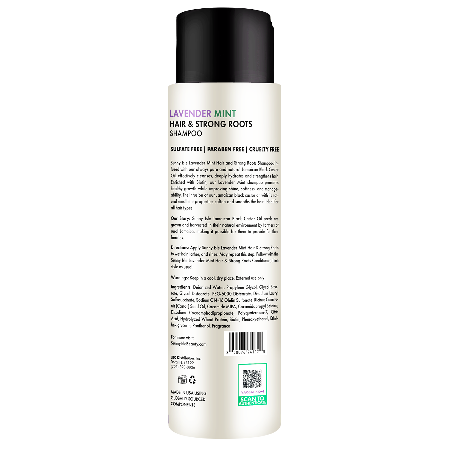 Sunny Isle Lavender Mint Hair & Strong Roots Shampoo 354.88 ml/12.0 oz, back bottle view