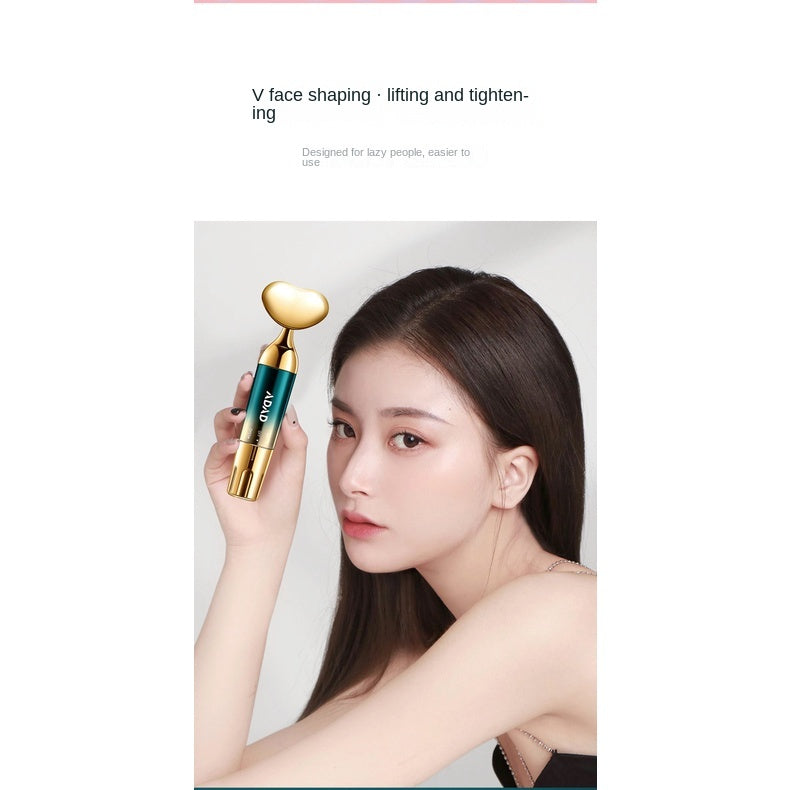 Woman holding the teal and gold massager beside the words V face shaping