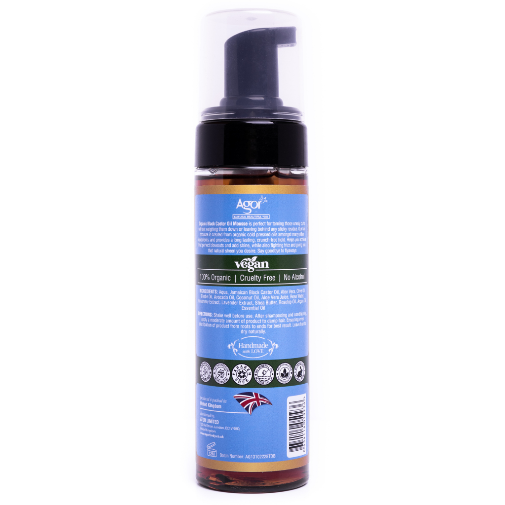 Agor Organic Black Castor Oil Hair Mousse 200ml, back label