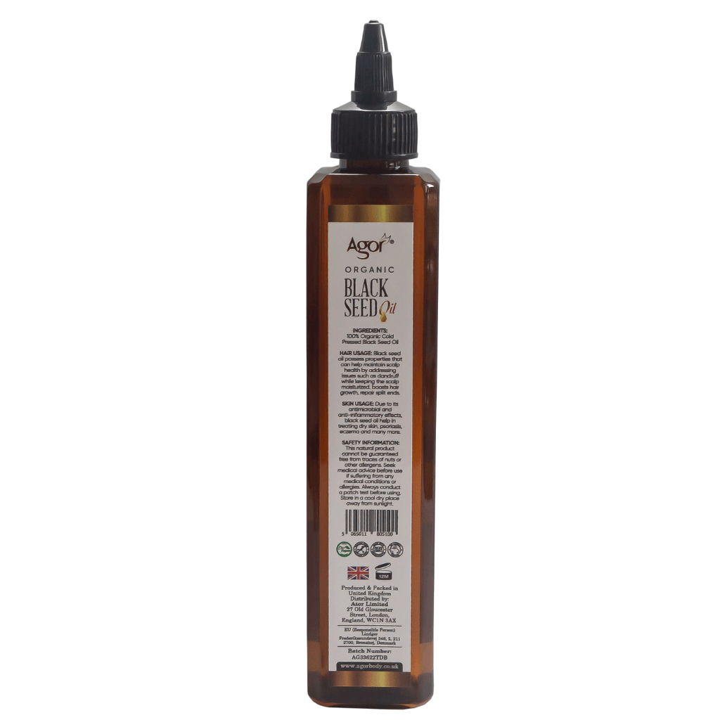 Agor Organic Black Seed Oil 250ml bottle, back label