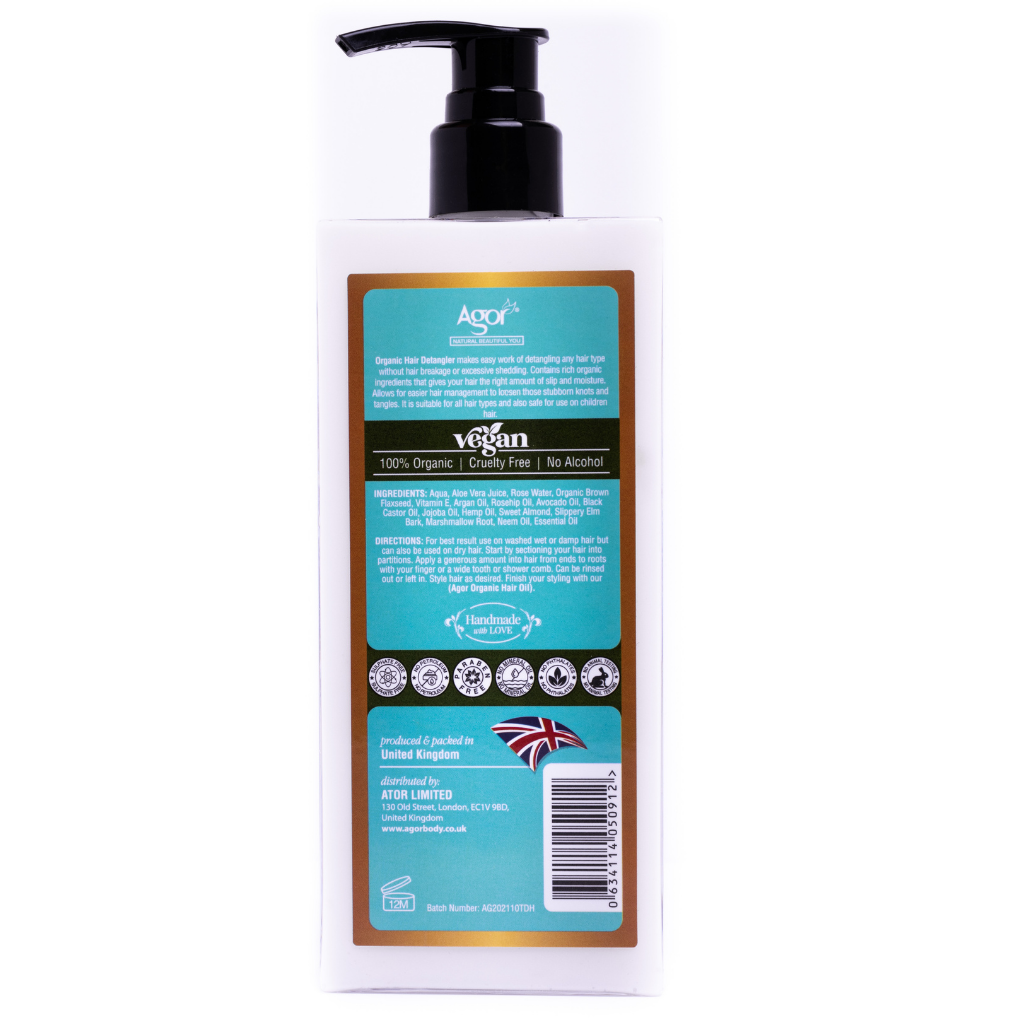 Agor Organic Hair Detangler No More Knots 300ml, back label
