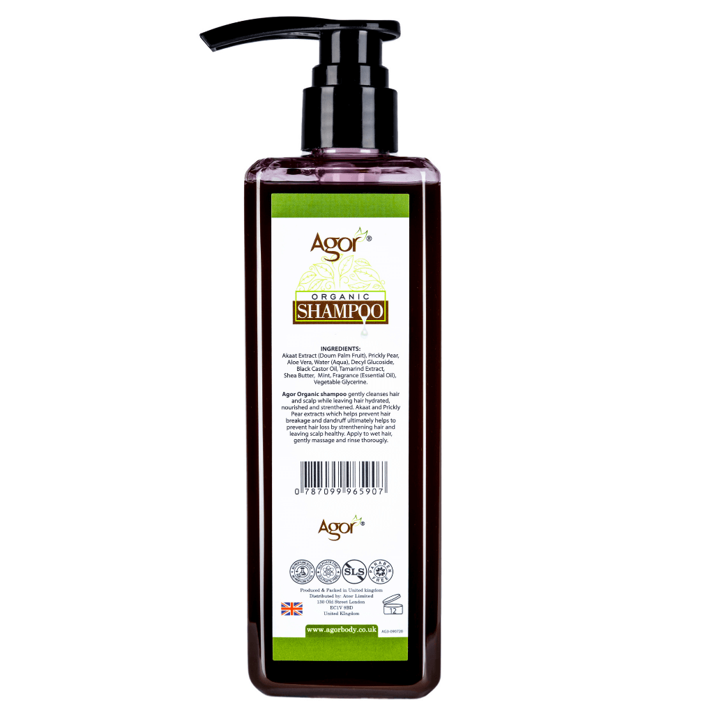 Agor Organic Hair Shampoo 500ml pump bottle, back label