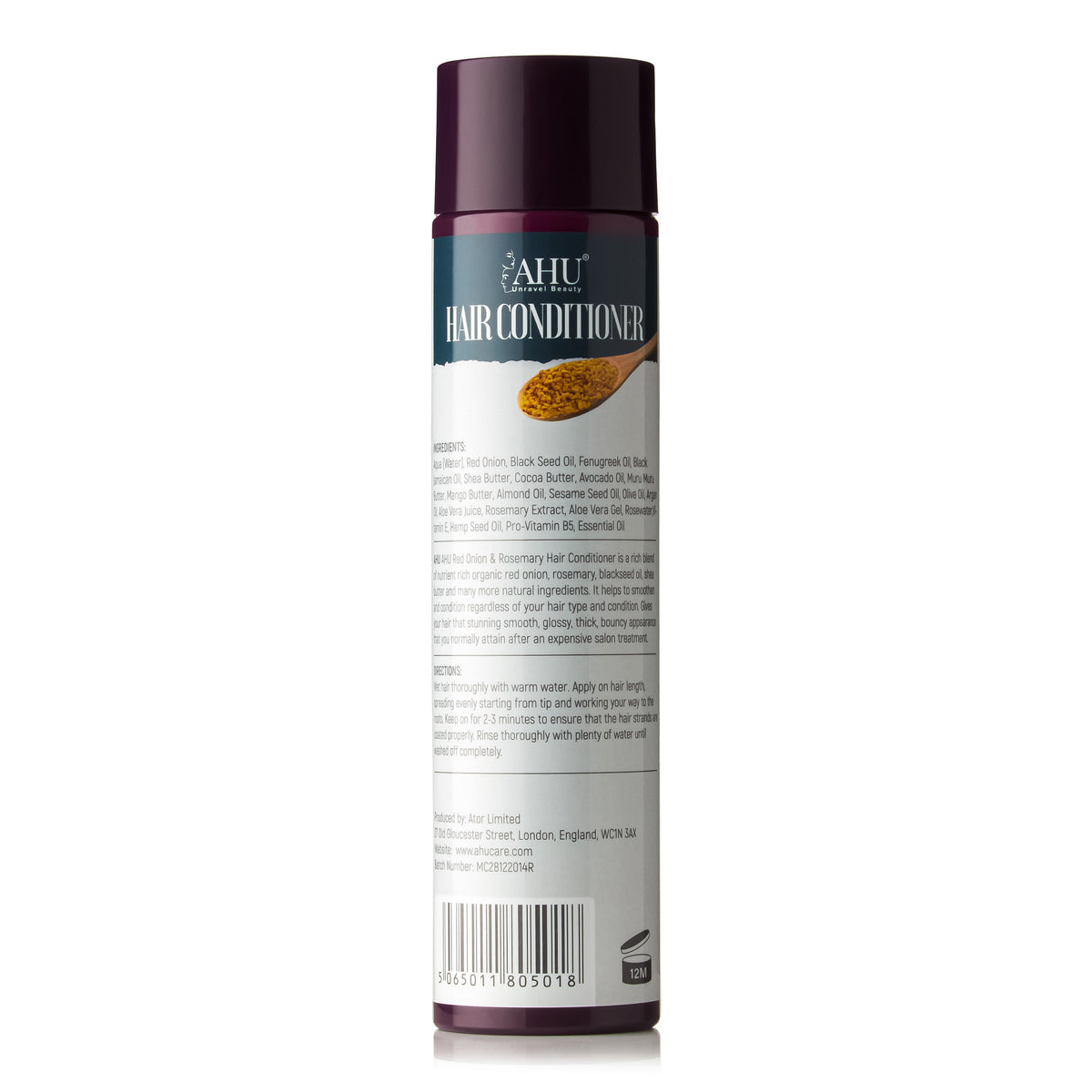 Back of the AHU Red Onion & Rosemary Hair Conditioner 300 ml bottle showing the information label and barcode