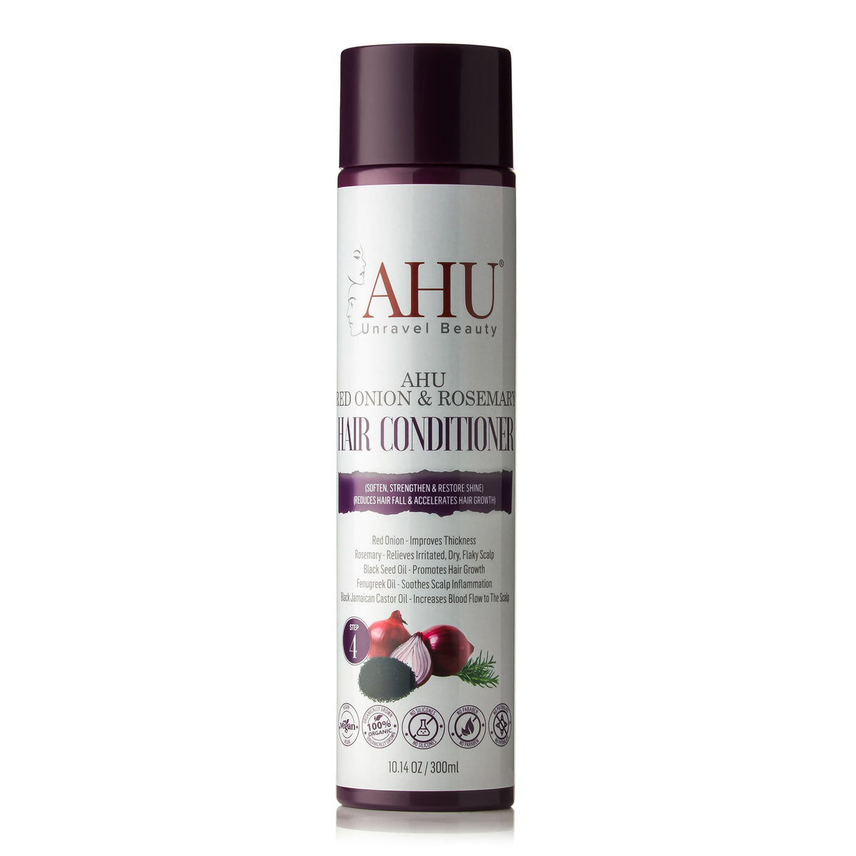 AHU Red Onion & Rosemary Hair Conditioner 300 ml bottle with purple cap, front view of the white label
