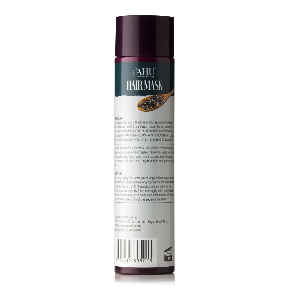 Back of the AHU Red Onion & Rosemary Hair Mask 300 ml bottle showing the information label and barcode