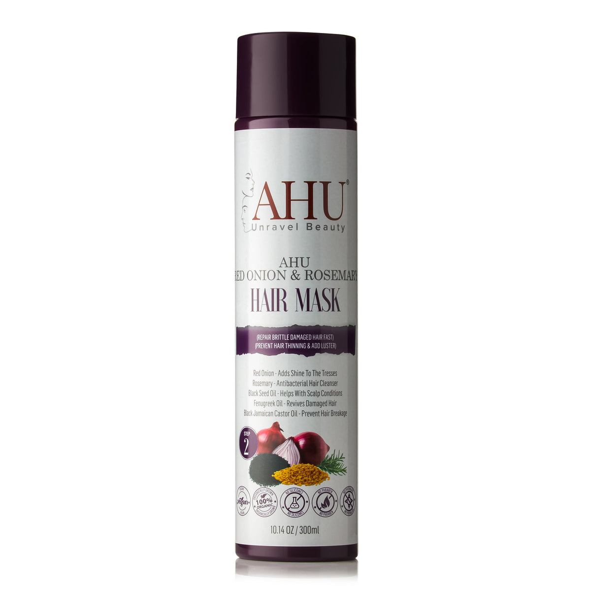 AHU Red Onion & Rosemary Hair Mask 300 ml bottle with purple cap, front view of the white label