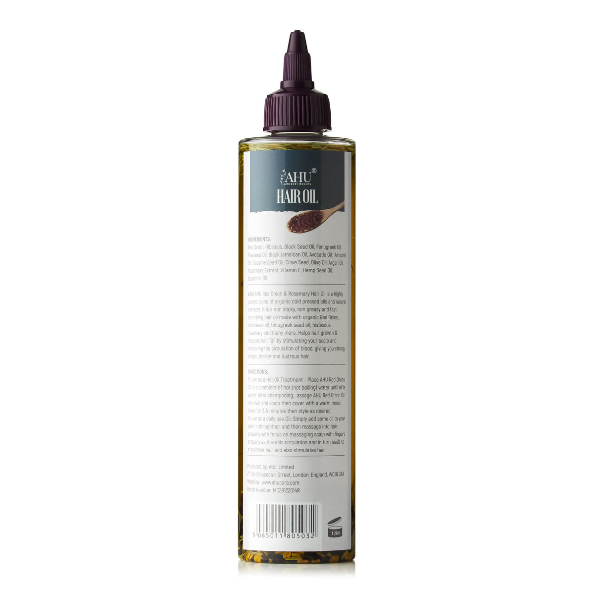 Back of the AHU Red Onion & Rosemary Hair Oil 300 ml bottle showing the information label and barcode