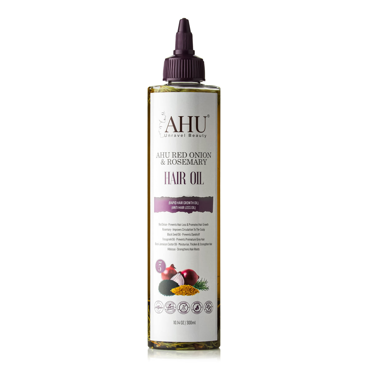 AHU Red Onion & Rosemary Hair Oil 300 ml bottle with purple applicator cap, front view of the white label