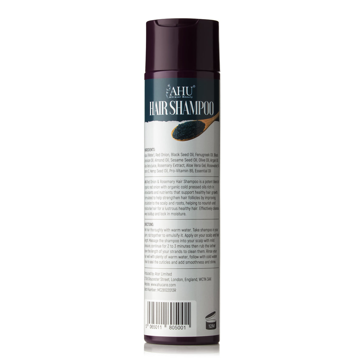 Back of the AHU Red Onion & Rosemary Hair Shampoo 300 ml bottle showing the information label and barcode