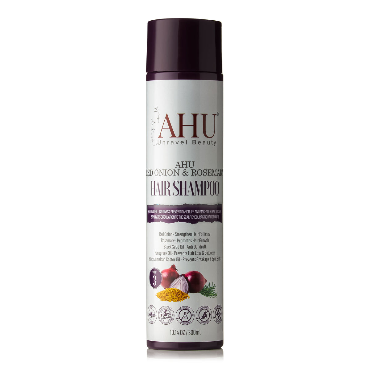 AHU Red Onion & Rosemary Hair Shampoo 300 ml bottle with purple cap, front view of the white label