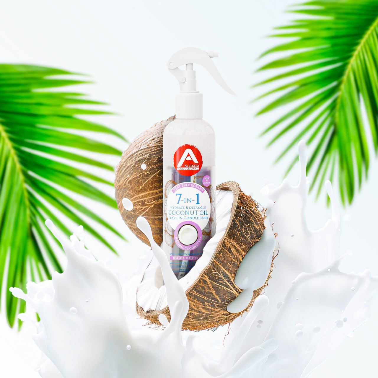 Allored Coconut Oil Leave-In Conditioner with coconut and palm leaves