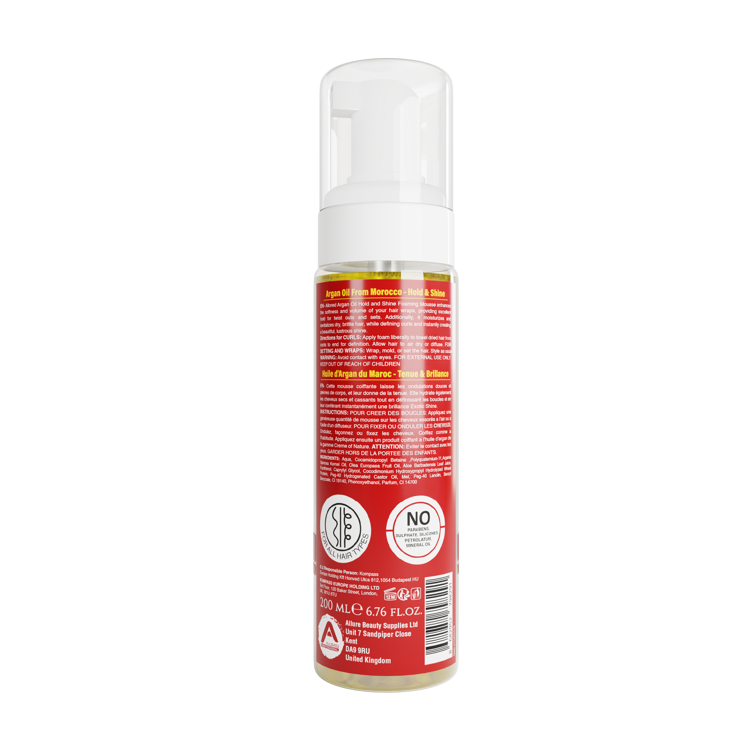 Allored Argan Oil Hold and Shine Foaming Mousse 200 ml back label