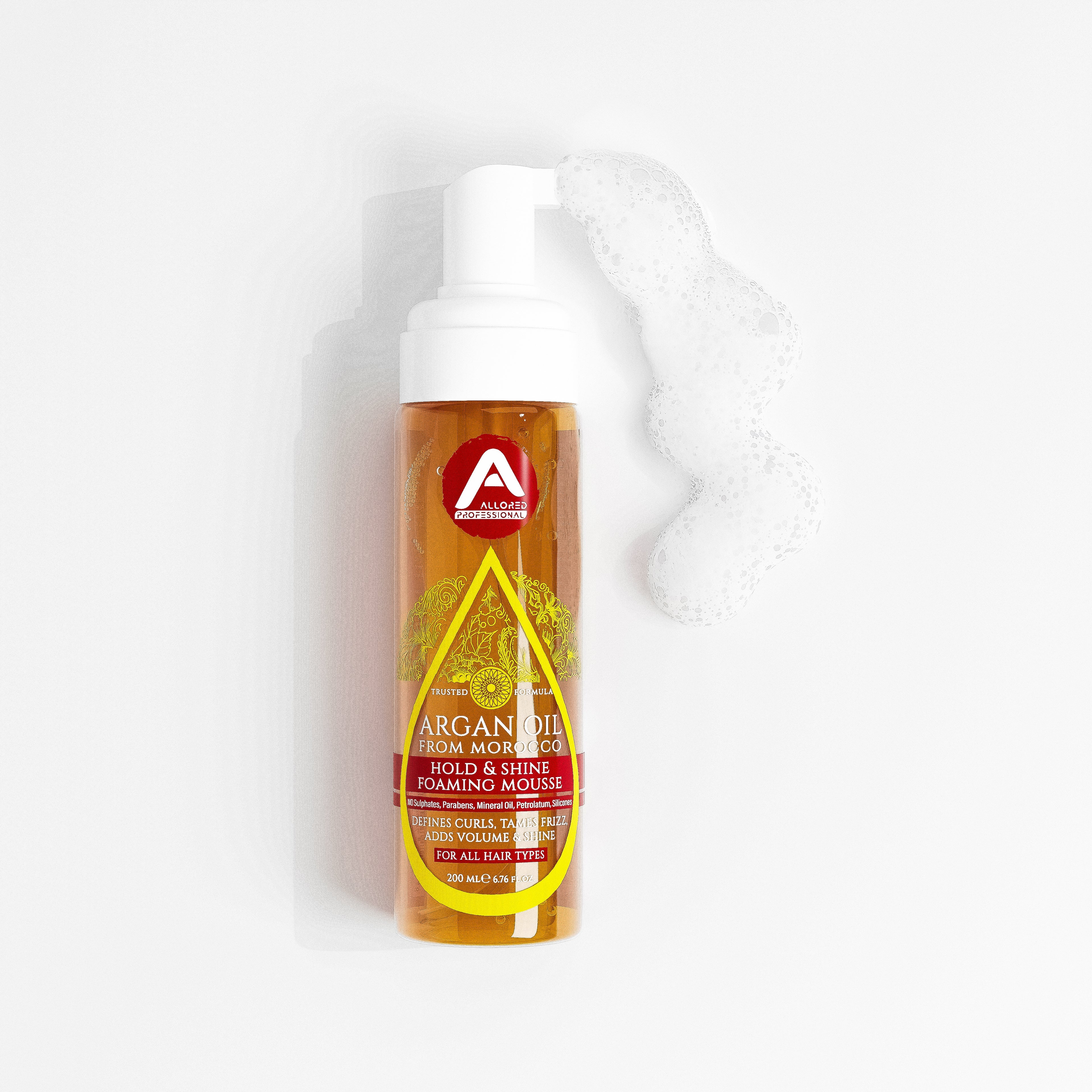 Allored Argan Oil Foaming Mousse bottle beside dispensed foam