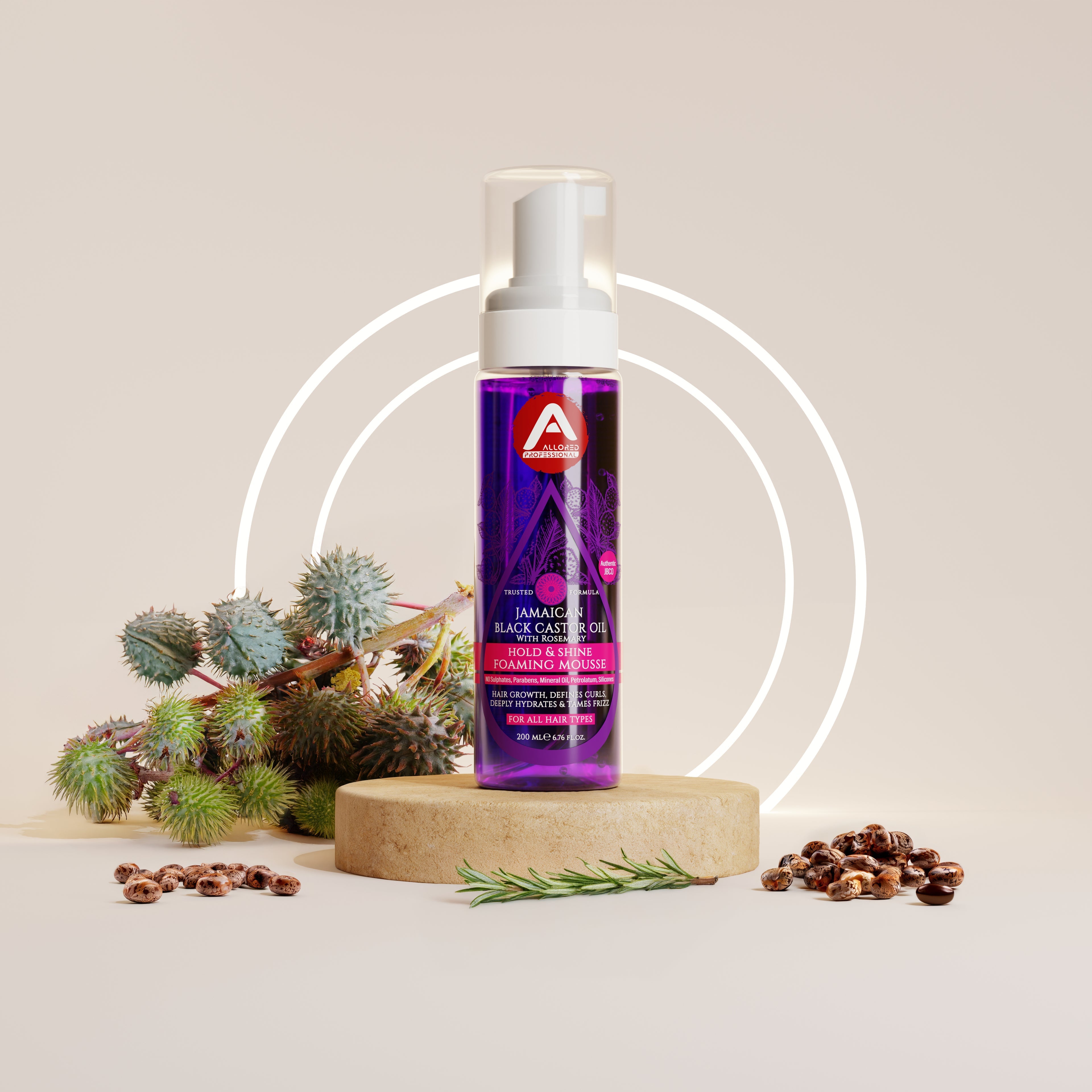Allored Jamaican Black Castor Oil and Rosemary Mousse with castor beans and rosemary