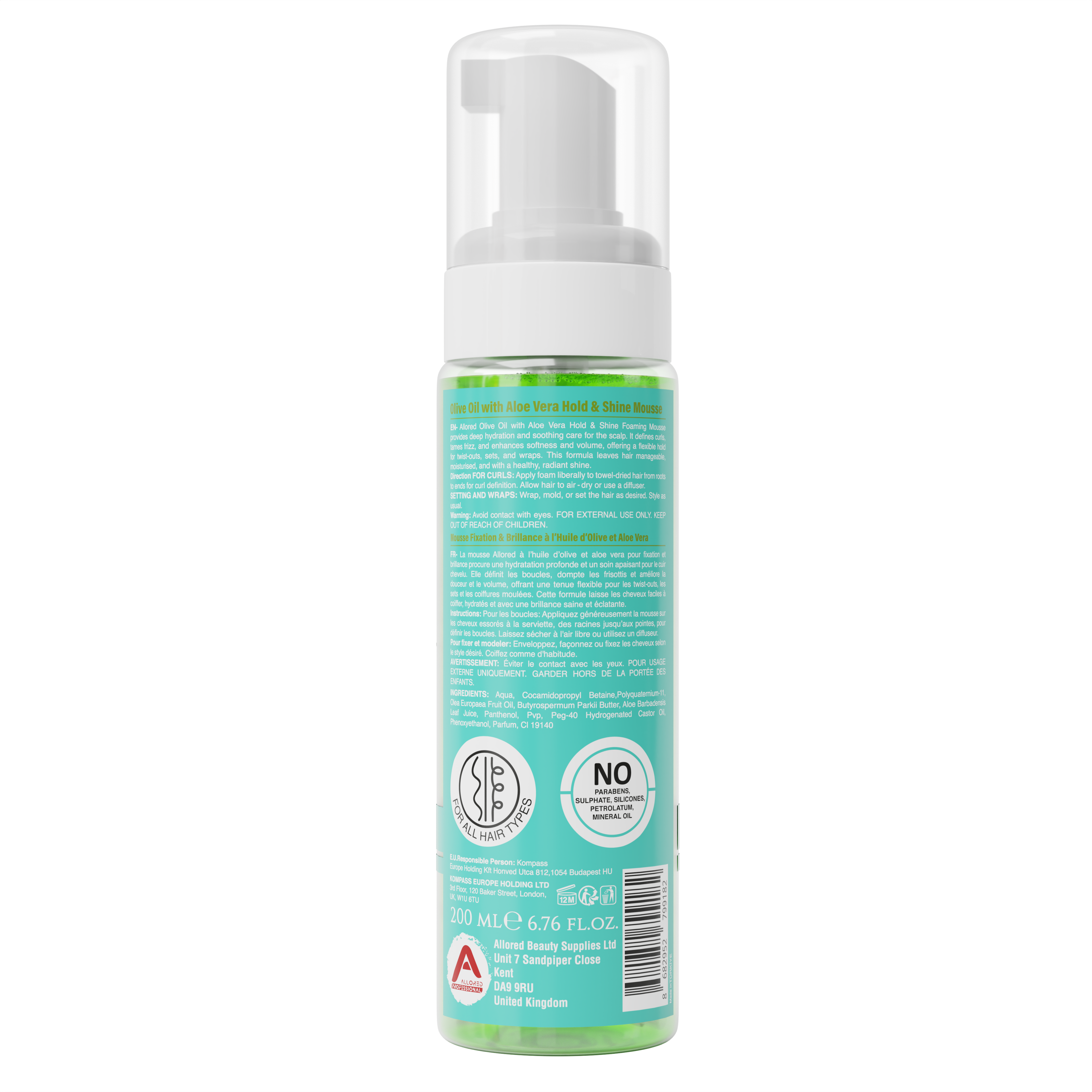 Allored Olive Oil and Aloe Vera Foaming Mousse 200 ml back label