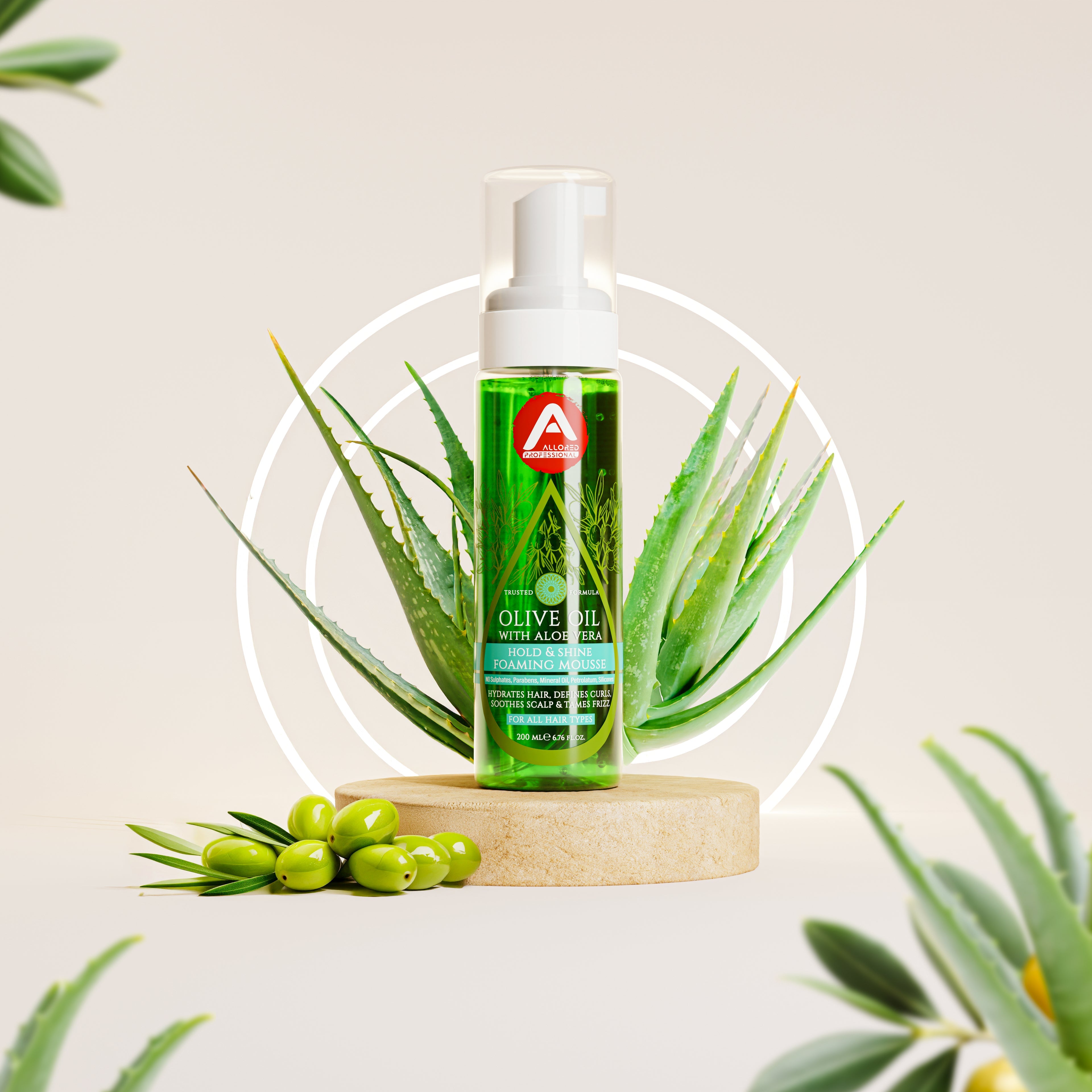 Allored Olive Oil and Aloe Vera Mousse with olives and aloe leaves