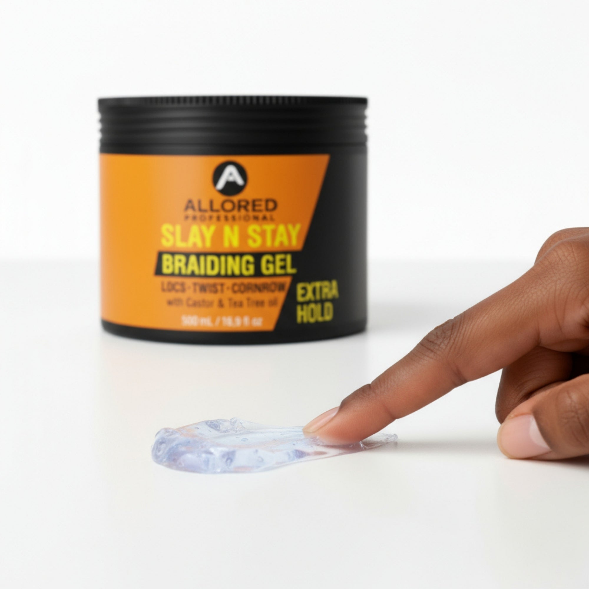 Allored Slay N Stay Extra Hold Braiding Gel texture beside tub
