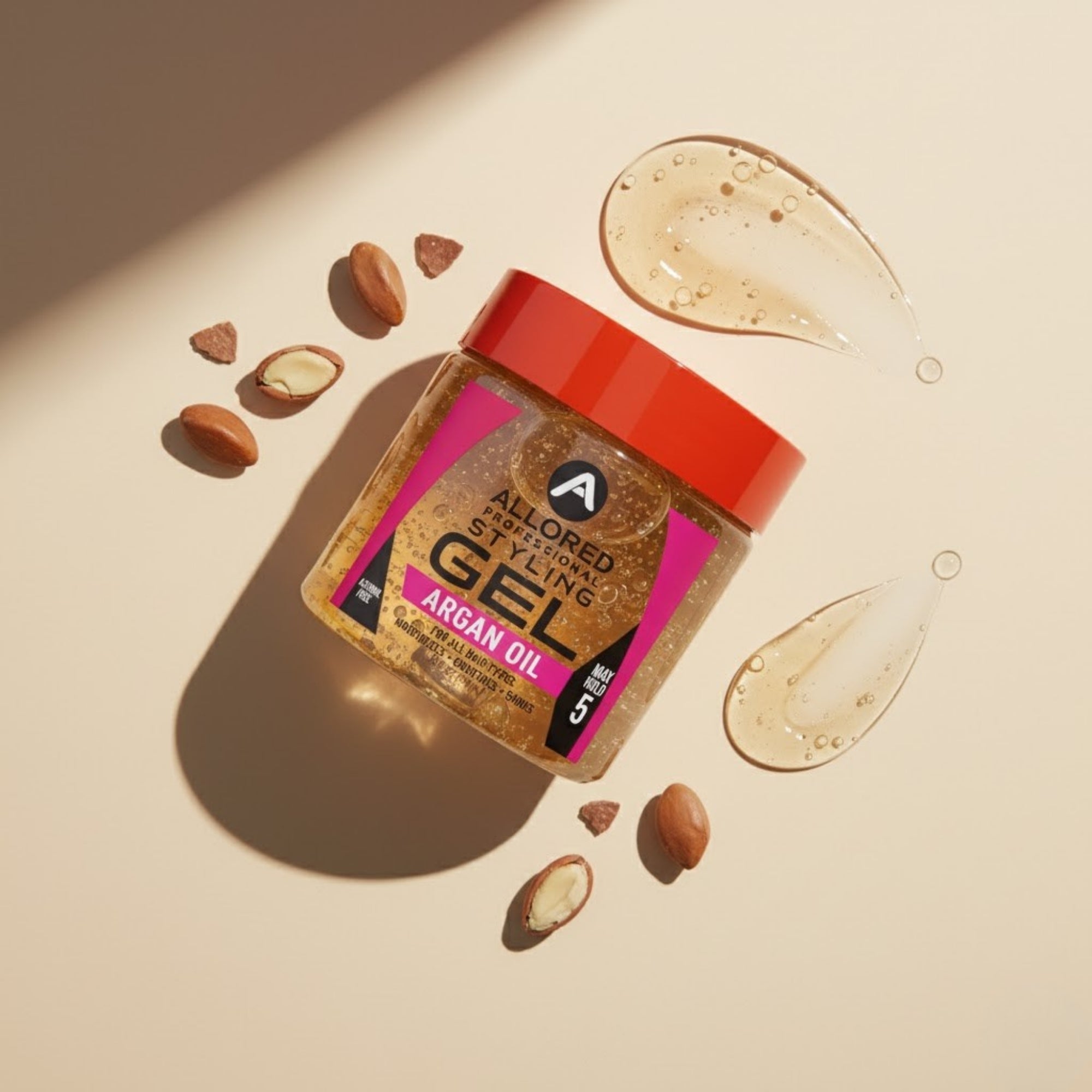 Allored Argan Oil Styling Gel jar with argan nuts and gel texture