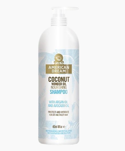 White American Dream Coconut Wonder Oil Nourishing Shampoo pump bottle with argan oil and avocado oil label, front view