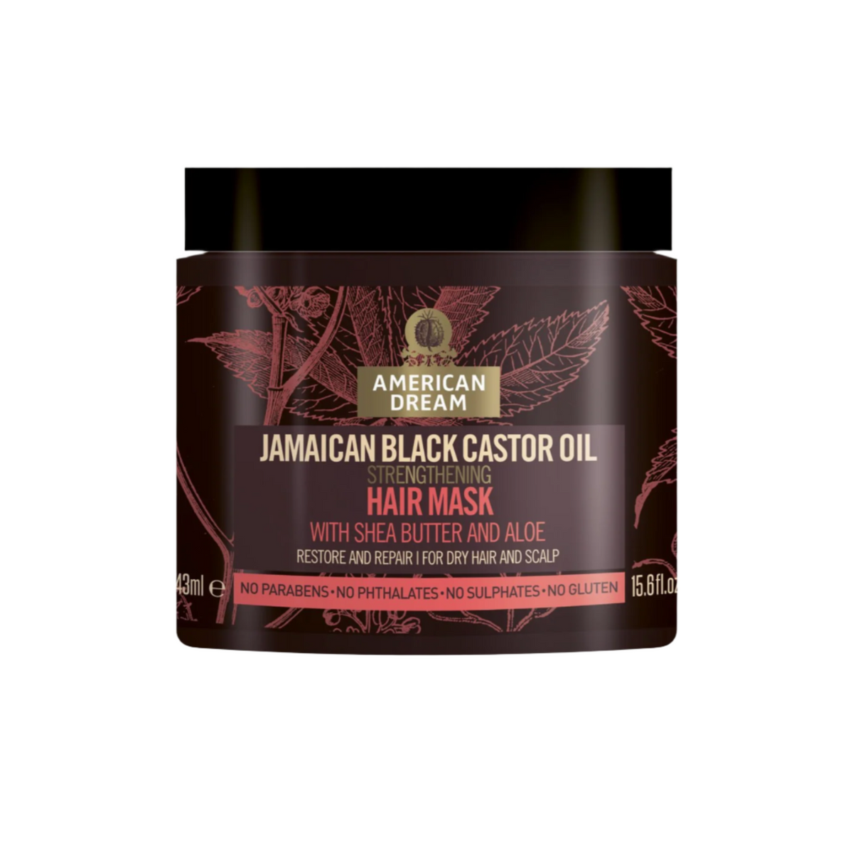 Dark burgundy American Dream Jamaican Black Castor Oil Strengthening Hair Mask tub with shea butter and aloe label, front view